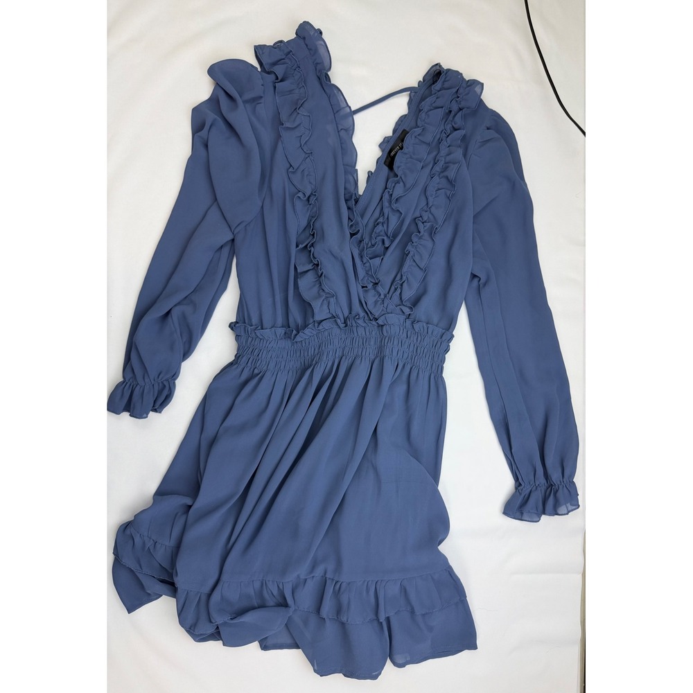 Forever 21 Plus Ruffle V-Neck Smocked Mini Dress Dusty Blue Long Sleeve 0X